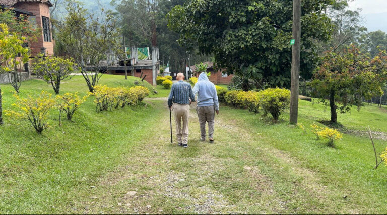 Imagen de adulto mayor y acompañante caminando