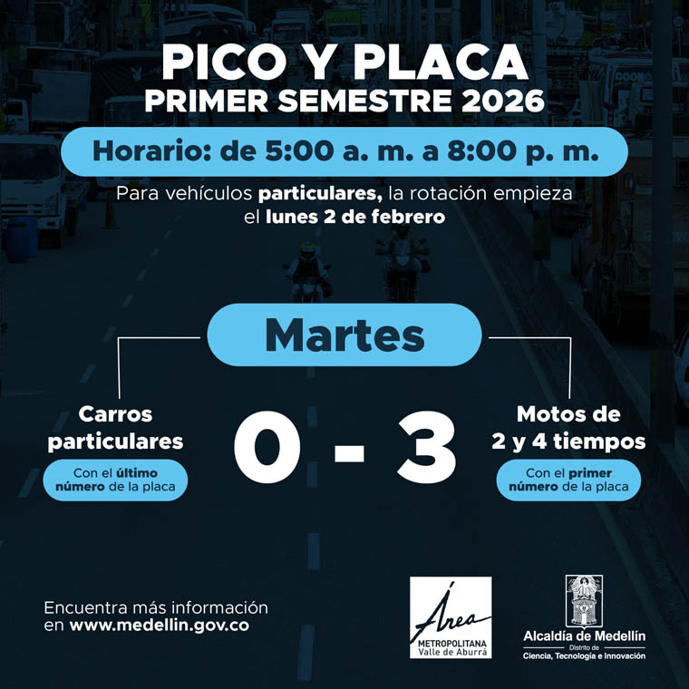 Imagen rotación martes Pico y Placa Medellín primer semestre de 2026